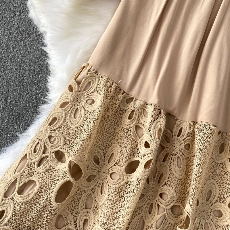 Elegante camicetta in pizzo con collo alto e gonna patchwork attillata – Completo sofisticato in due pezzi per donna_voghion.com