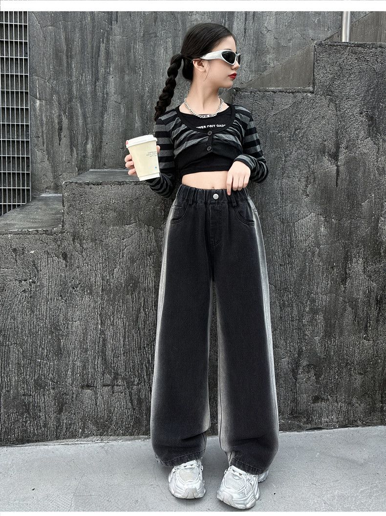 Oblečení pro batolata a dívky, dětské džíny střední a velké velikosti, dětské rovné kalhoty se širokými nohavicemi, podzimní dívčí kalhoty_voghion.com