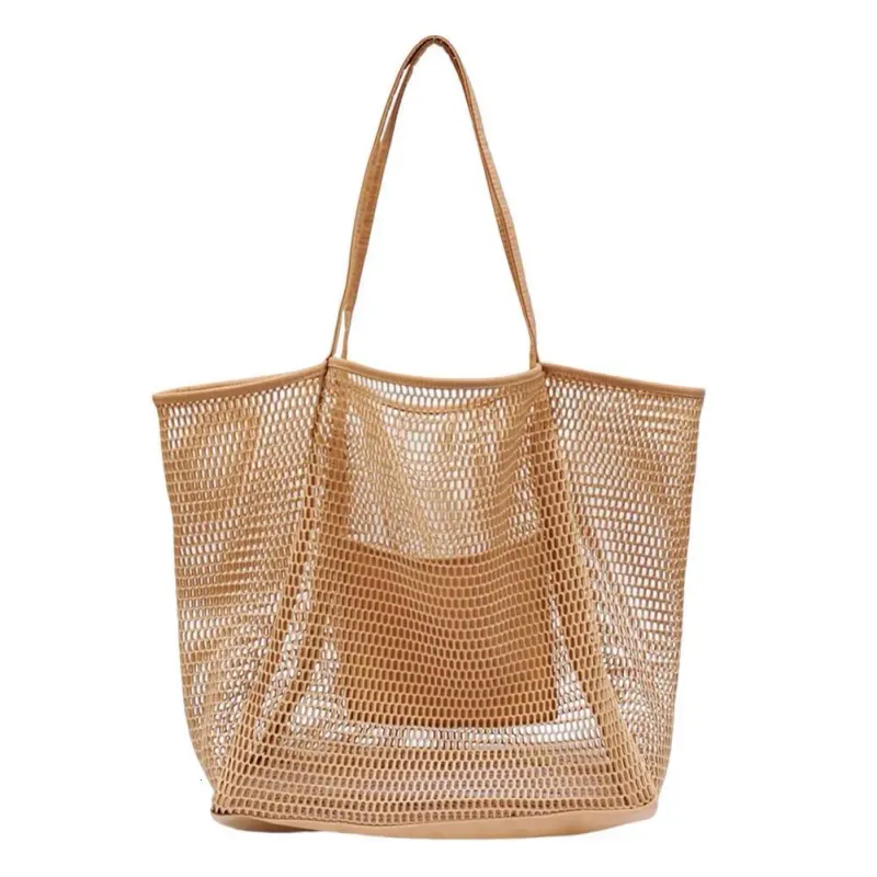 Women Beach Mesh Large Capacity Foldable Hollow Sandproof Solid Swimming Grocery Toys Travel Tote Bag Vacation Use_voghion.com
