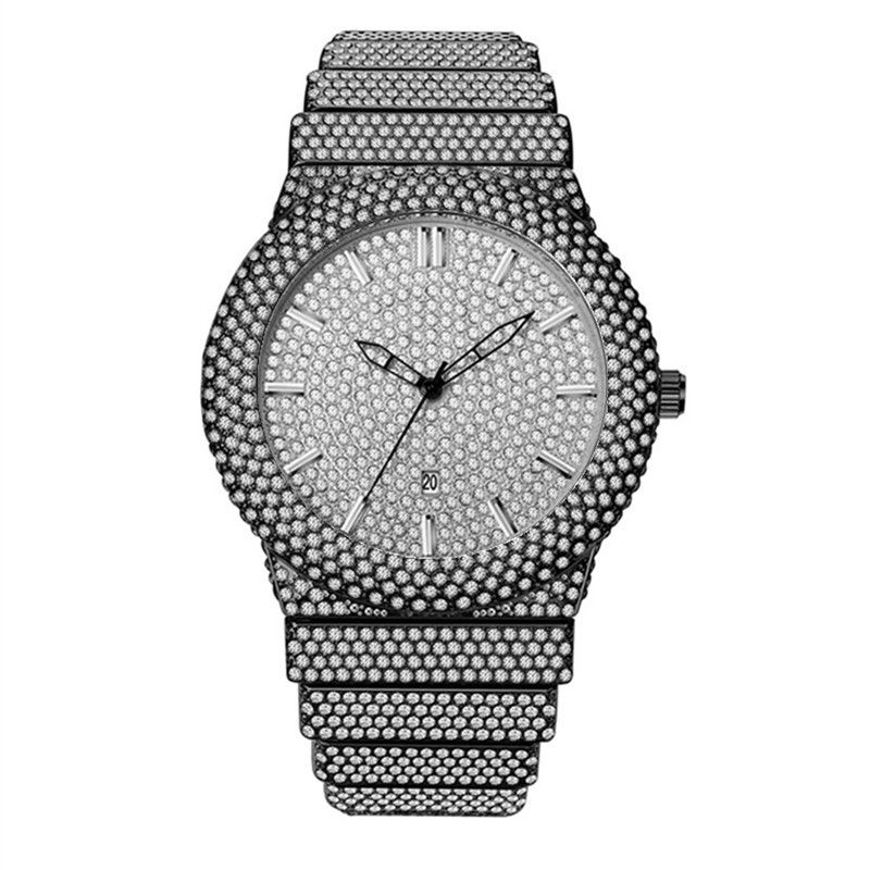 Luxuriöse Hip-Hop-Herrenuhr mit Diamantakzenten und Gold-Finish – Datumsanzeige, Quarzwerk, modisches Statement, Hip-Hop-Diamant, Luxus, goldenes Datum_voghion.com