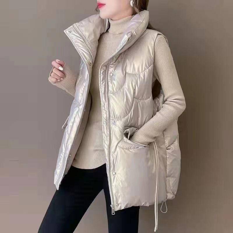 Gilet trapuntato leggero da donna, giacca senza maniche con collo alto, capospalla casual in stile coreano, nero e champagne_voghion.com