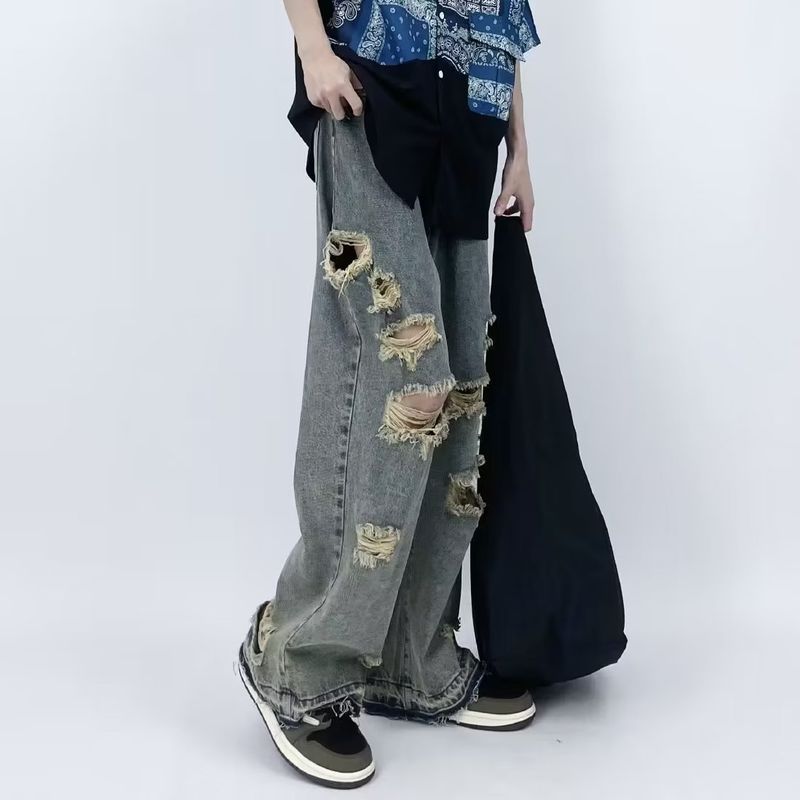 High Street Hole Mid Waist Jeans Men's Retro Beggars Old Loose Slim Bf Straight Wide Leg Mopping Trousers_voghion.com