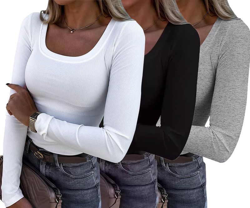 Women's Clothing Long Sleeved Slim Elastic Round Neck Ribbed T Shirt Casual Basic Tops_voghion.com