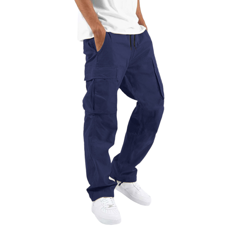 Calça cargo masculina amarrada com vários bolsos casual_voghion.com