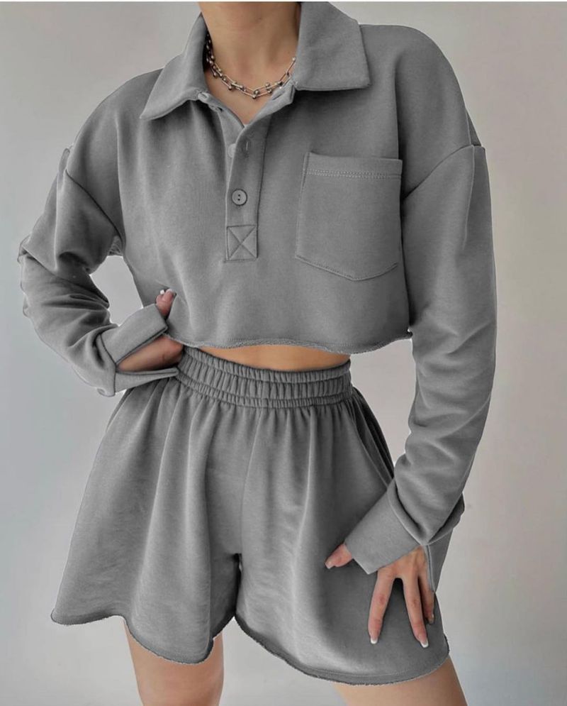 Completo da donna con pantaloncini corti con coulisse in cardigan corto casual a maniche lunghe in tinta unita_voghion.com