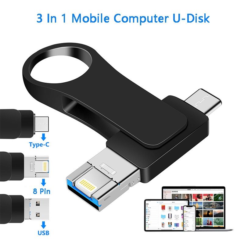 16GB USB 3.0 + 8 Pin + USB-C / Type-C 3 in 1 Mobile Computer Metal U-Disk(Black)_voghion.com