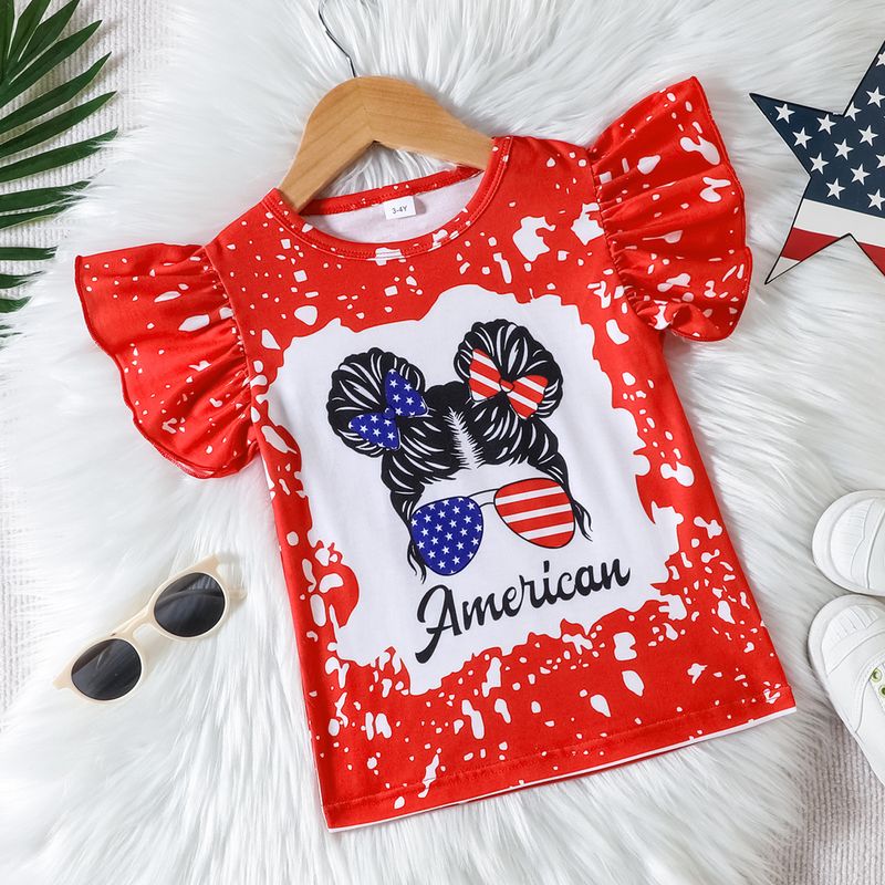 Camiseta de manga corta para niña con estampado de letras y mangas con vuelo - Top de verano de algodón suave para bebés y niños (90-130 cm, rosa/rojo)_voghion.com