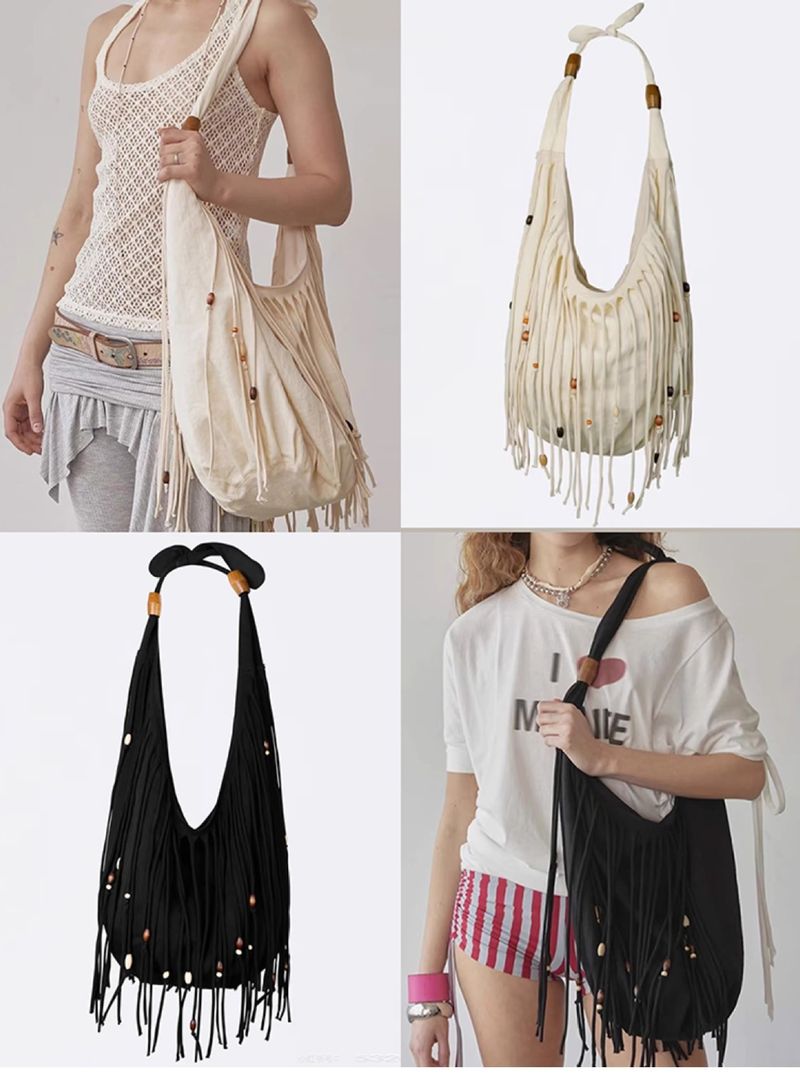 Uma bolsa tote com franjas em estilo boêmio, de designer coreano, especialmente projetada para mulheres, é uma nova bolsa transversal de ombro único para o outono/inverno de 2025._voghion.com