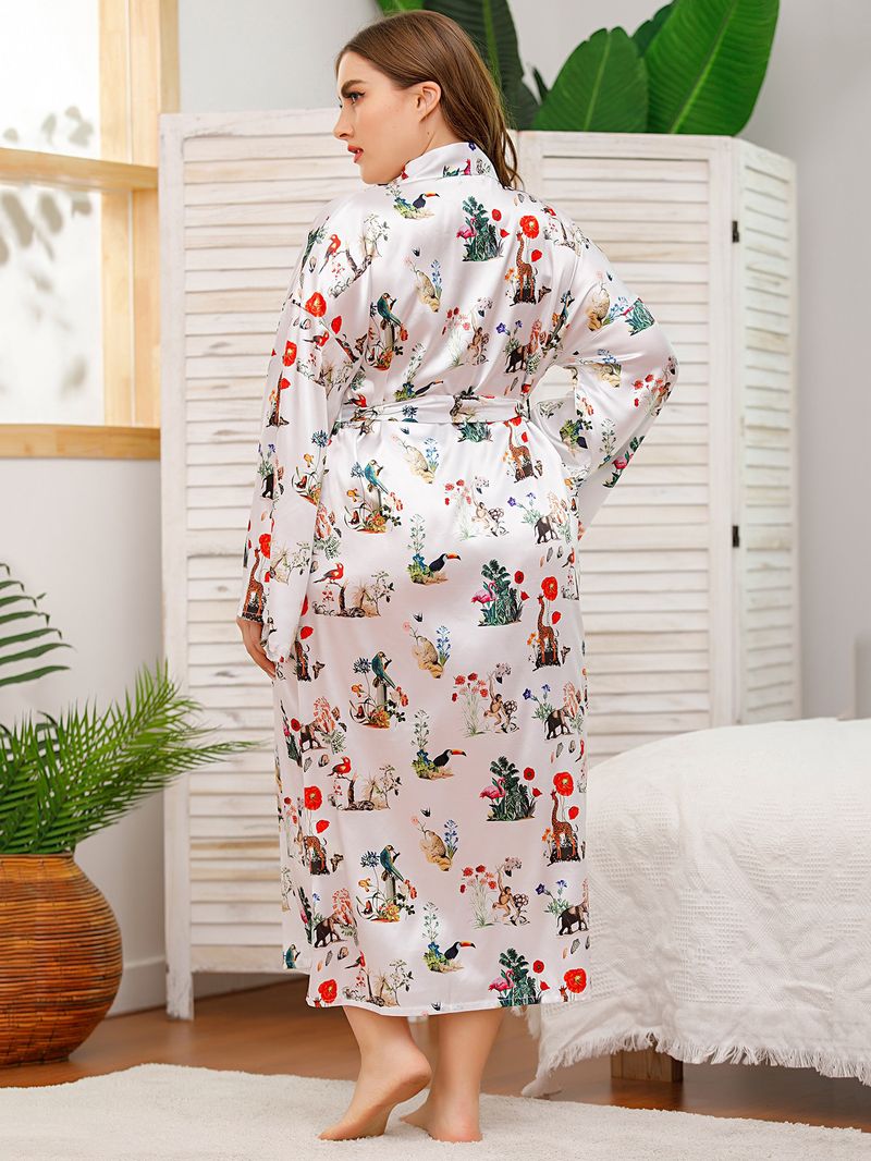 Large Size Women's Nightgown Satin Imitation Silk Printing Loungewear Long-sleeved Bathrobe Women_voghion.com