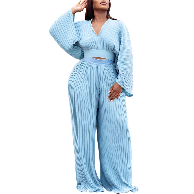 Abbigliamento donna nuova primavera pantaloni larghi a gamba larga con scollo a V pieghettato in due pezzi_voghion.com