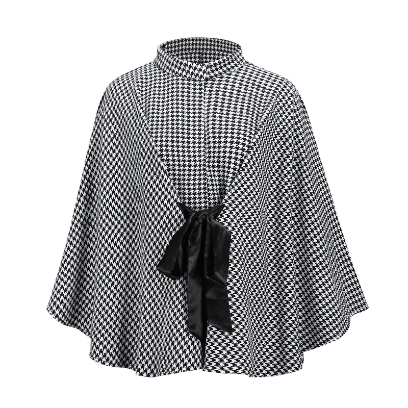 Women's coat houndstooth woolen coat loose tie cape cape top_voghion.com