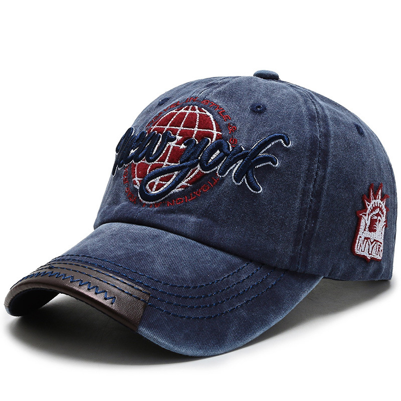 Baseballkappe aus gewaschener Baumwolle für Männer, Denim-Snapback-Sonnenhut für Frauen, lässige Retro-Kappe mit NEW YORK-Stickerei_voghion.com