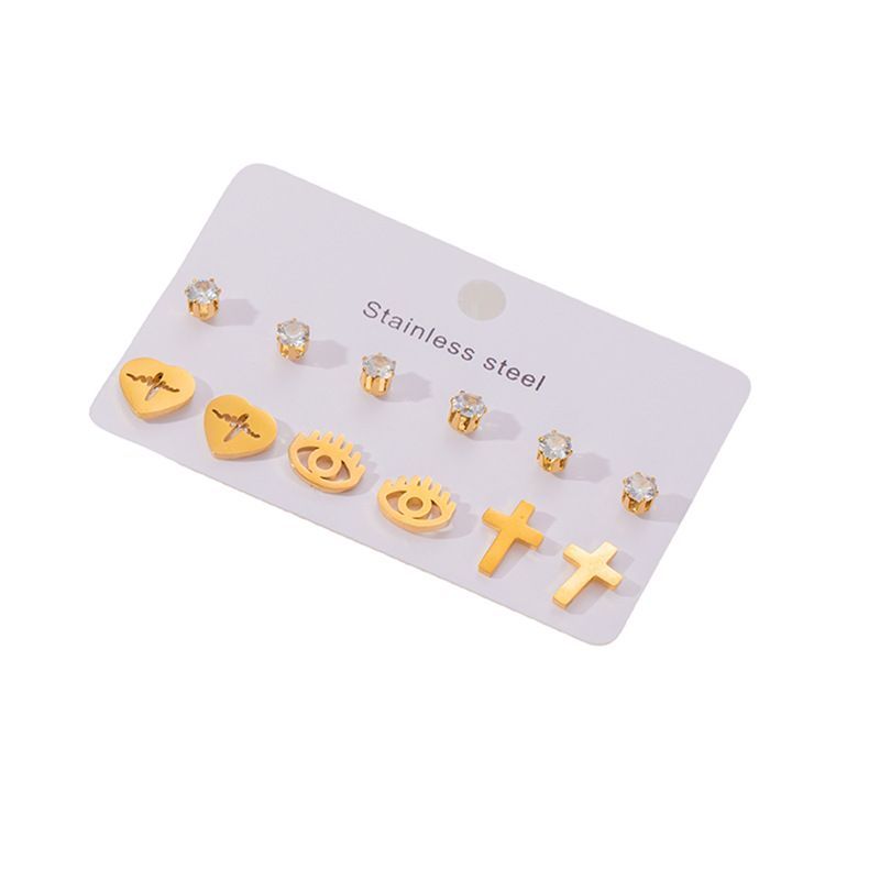 1 Set Simple Style Geometric Heart Shape Butterfly Irregular Plating Titanium Steel Zircon Ear Studs_voghion.com