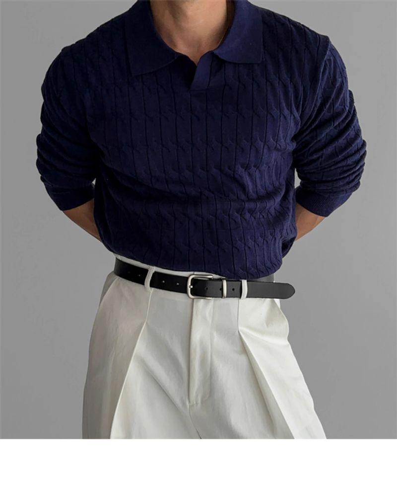 Lässiges Strick-Poloshirt für Herren – Atmungsaktives, locker sitzendes Langarm-T-Shirt für Business und Alltag (mehrere Farben)_voghion.com