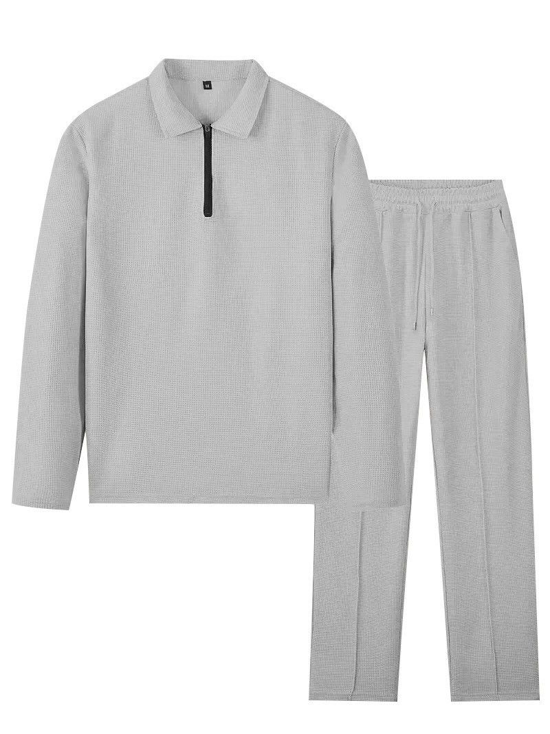 Men's Waffle Knit Half-Zip Polo Shirt & Long Pants Casual Set - Lightweight Comfort, Breathable Fabric, Stylish Autumn Outfit_voghion.com