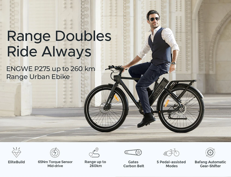 Bicicleta eléctrica urbana Engwe P275 Pro de 250 W y 27,5 pulgadas con motor Bafang de propulsión central y batería Samsung de 19,2 Ah_voghion.com