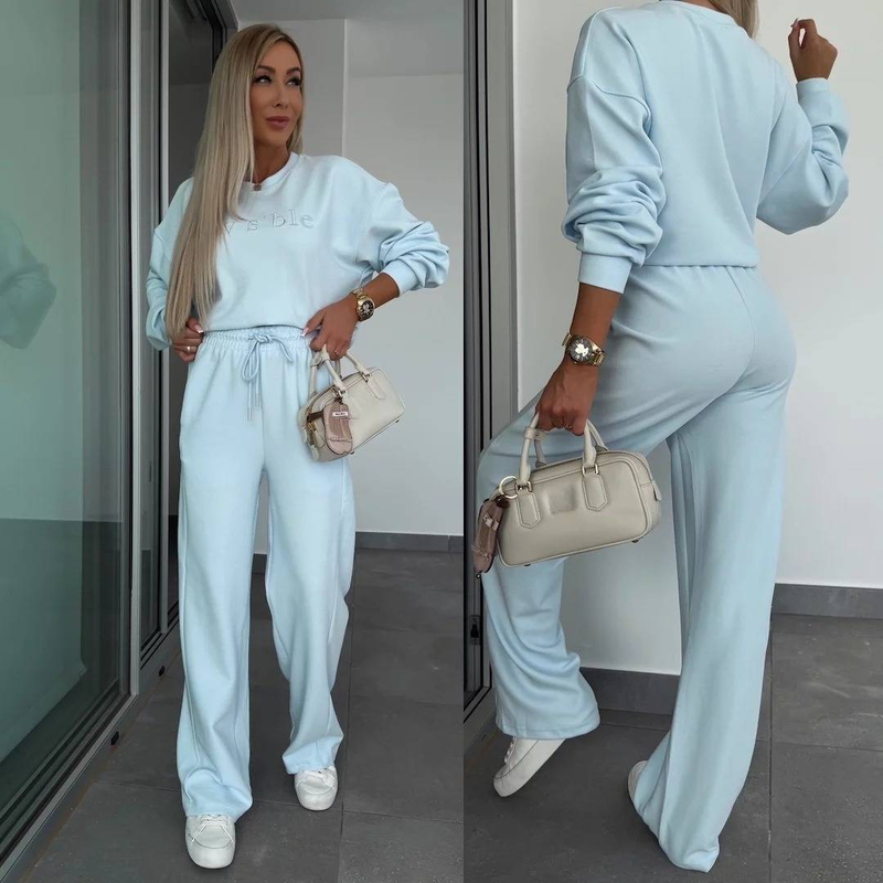 Abbigliamento da donna, completo primaverile, tinta unita, scollo tondo, manica lunga, maglione con ricamo a lettere, pantaloni con lacci, set da due pezzi_voghion.com