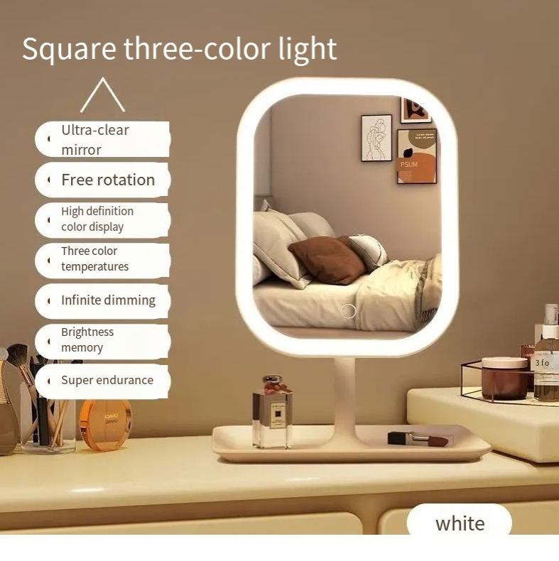 Espelho de maquiagem LED com luz de mesa, rede para celebridades, feminino, luz de preenchimento, espelho pequeno, estilo dormitório, mesa, portátil, pequeno, espelho de vestir_voghion.com