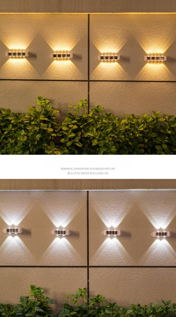 Luminárias de parede solares para áreas externas, luzes de jardim à prova d'água com iluminação para cima e para baixo, luzes de LED para caminho, quintal, pátio, decoração de casa (luz branca/quente)_voghion.com