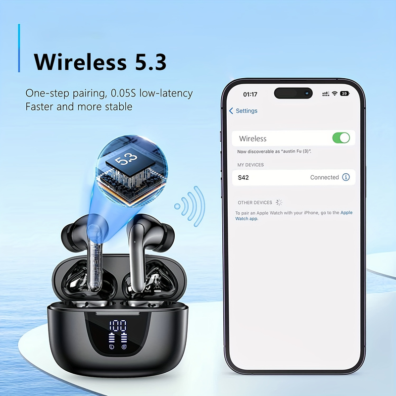 Wireless Earphone, Wireless 5.3 Headphones, 13MM Horn, 30H Playtime, Type-C Fast Charging Case, Stereo Wireless In-Ear Headphones For IPhone/Android _voghion.com