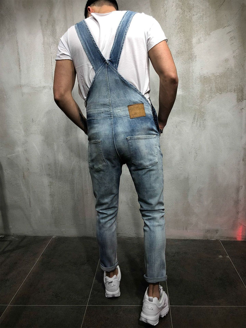 Roupas masculinas Macacão jeans estiloso frente única rasgado jeans e calças macacão pop pop_voghion.com