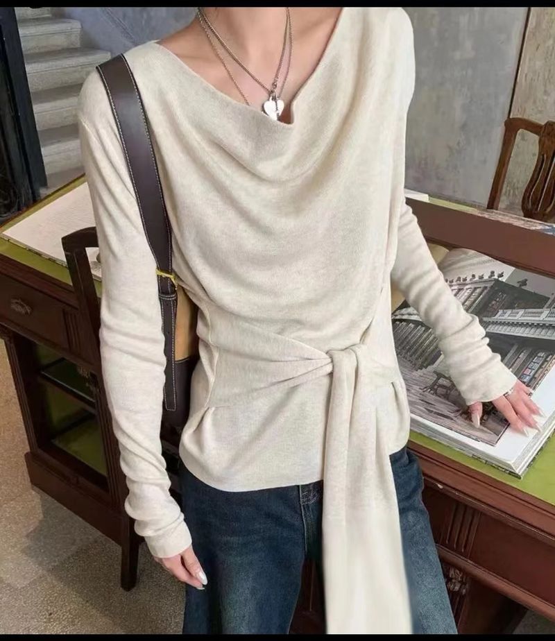 Maglione lavorato a maglia grigio in stile francese per ragazza, autunno inverno, collo asimmetrico irregolare con spalle cadenti, interno ed esterno, maglietta di base_voghion.com