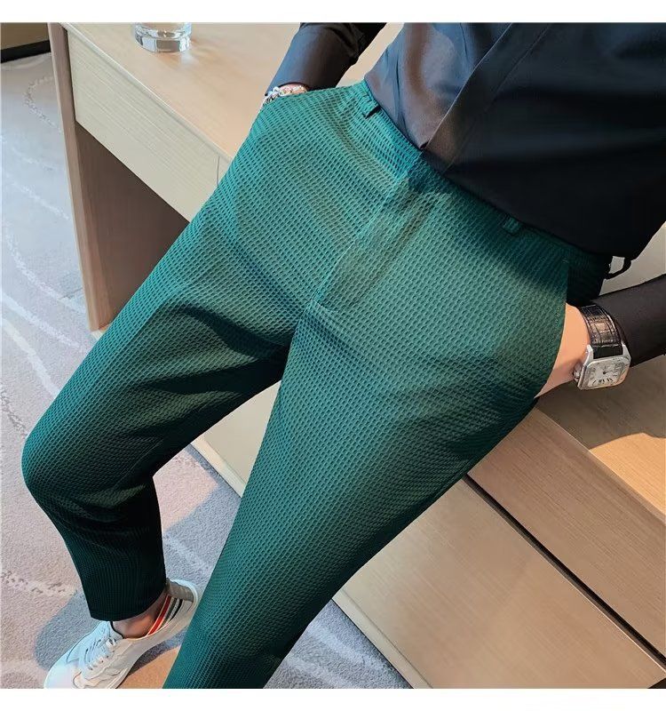 Herrenbekleidung Waffel Freizeithose Sommer Dünne Business Anzughose Slim Fit Kleine Füße Bügelfrei High End Anzughose_voghion.com
