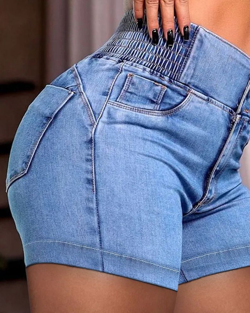 Abbigliamento da donna, pantaloncini in denim elasticizzato con tasca elastica a vita alta con cerniera_voghion.com