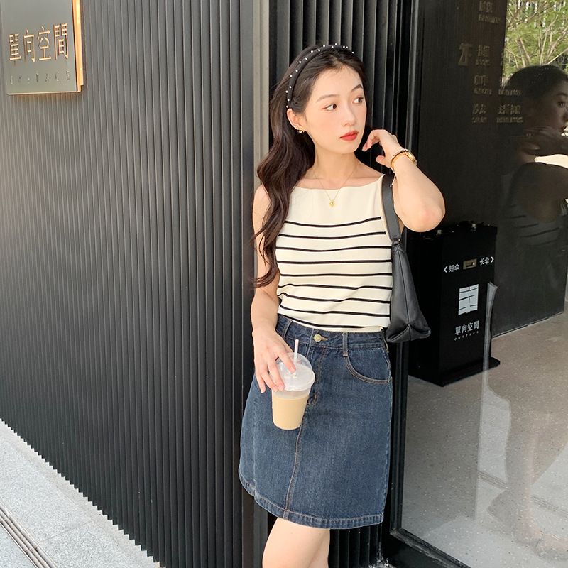 Canotta da donna in maglia a righe, con spalle scoperte, semplice, estiva, di alta qualità e fresca sensazione_voghion.com