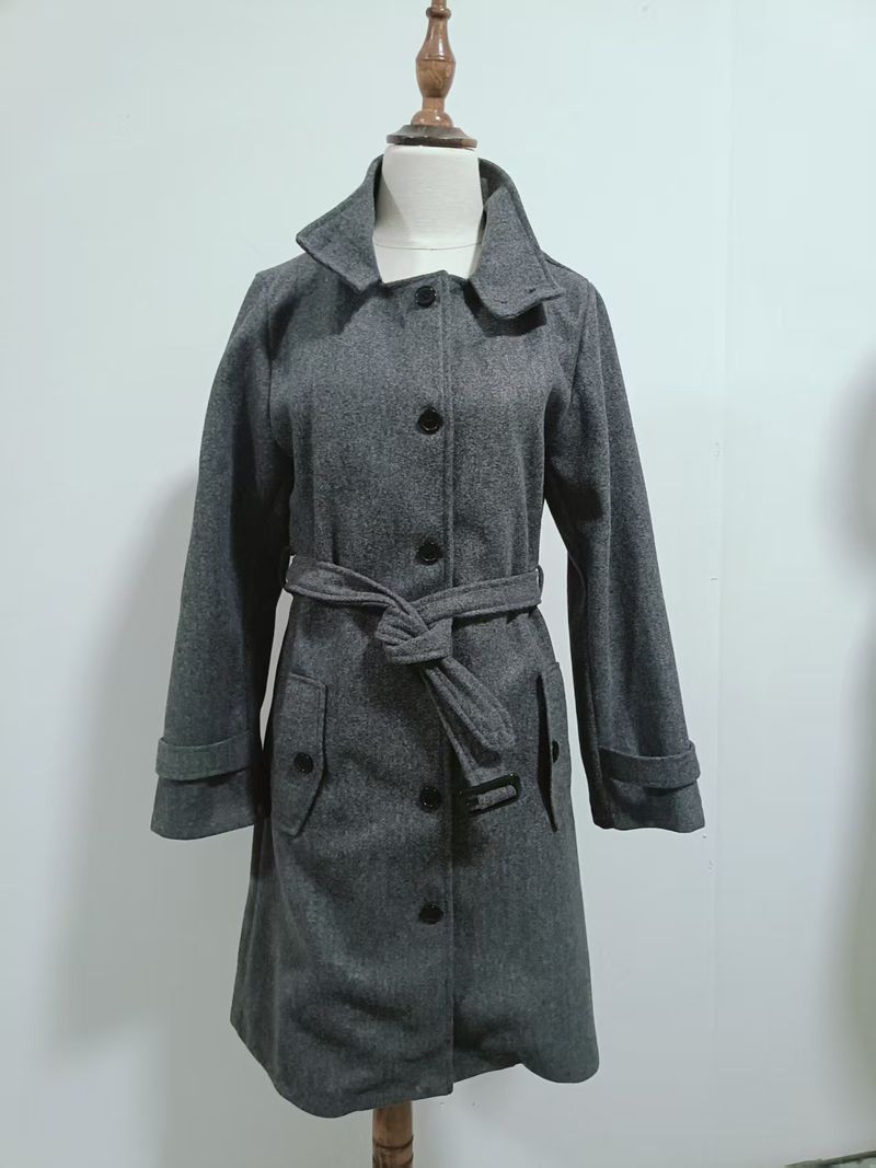 Slim-Fit Wool Blend Pea Coat For Women – Elegant Short Trench Coat With Belted Waist Coat Solid Color Women's Coat_voghion.com