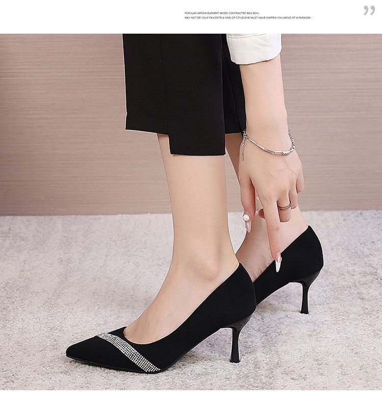 Women's High heels women's new spring and autumn rhinestone French shallow mouth suede pointed toe stiletto single shoes black with dress_voghion.com