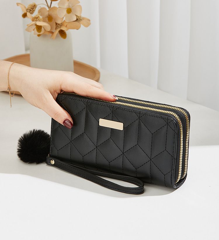 Portofel lung pentru femei cu broderie de diamant - geantă tip clutch cu sclipici, fermoar dublu și sloturi pentru mai multe carduri (poșetă elegantă în culoare uni pentru femei)_voghion.com