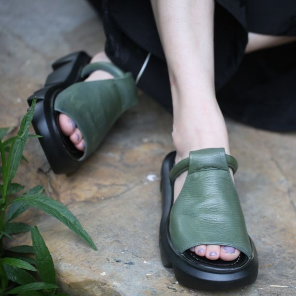 Top Layer Cowhide Wave Thick Sole Peep Toe Strap Casual Sandals_voghion.com