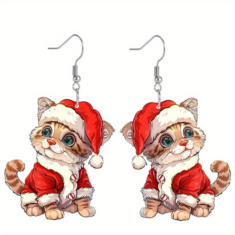 Orecchini acrilici a forma di gatto di Natale, carini, creativi, in stile festa, scelta perfetta per coppie e amici_voghion.com