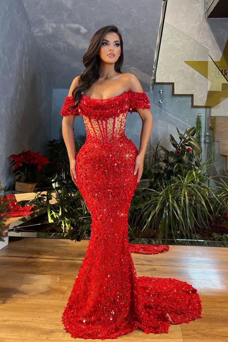 Cross Border European And American Fashion New One Shoulder Red High Waist Slim Fit Toast Banquet Party Sequin Evening Dress_voghion.com