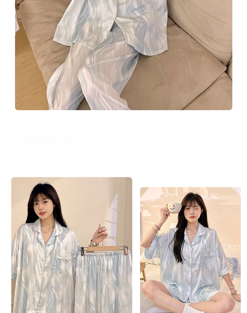 Damen-Pyjama-Set aus Eisseide – 3-teilig mit Brustpolster, kurzen Ärmeln, ideal für kühle Nächte_voghion.com