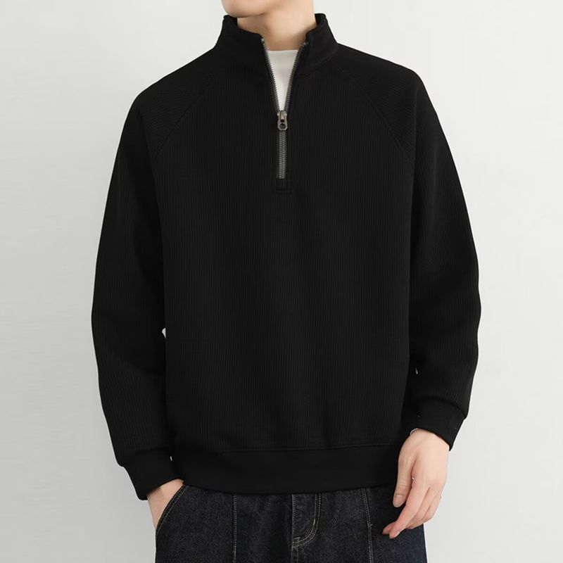 Felpa in pile minimalista con mezza zip - Pullover pesante e testurizzato con collo alto per uomo_voghion.com