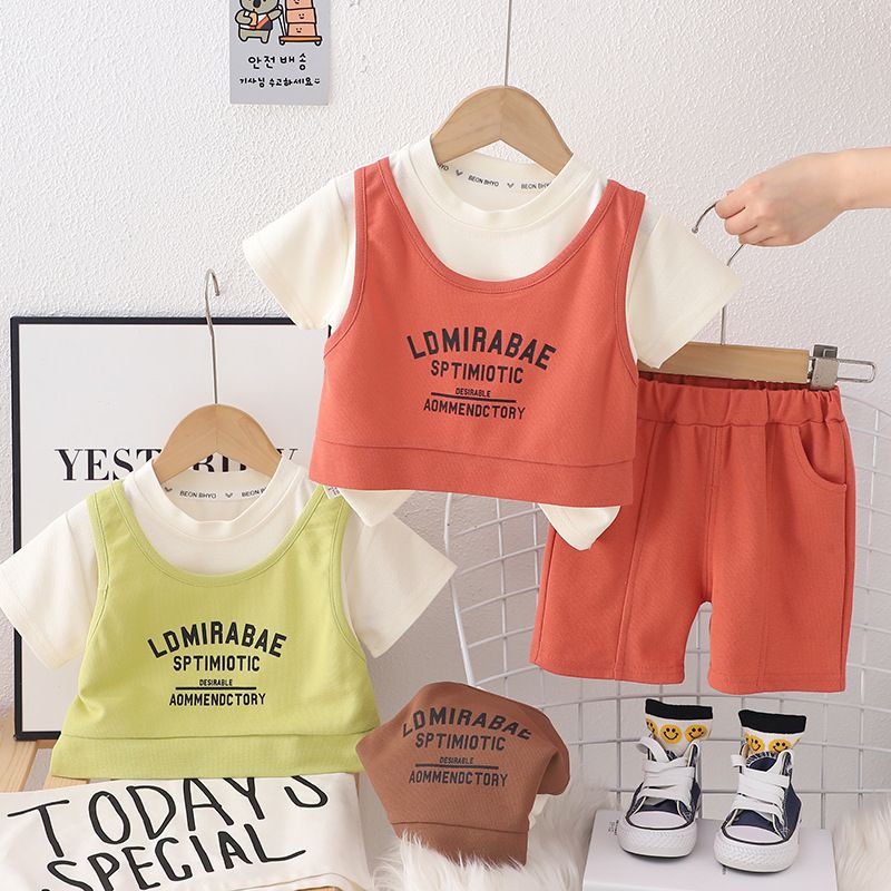 Ensemble deux pièces pour garçons et filles, gilet, col rond, manches courtes, short décontracté pour bébé, été 2024_voghion.com