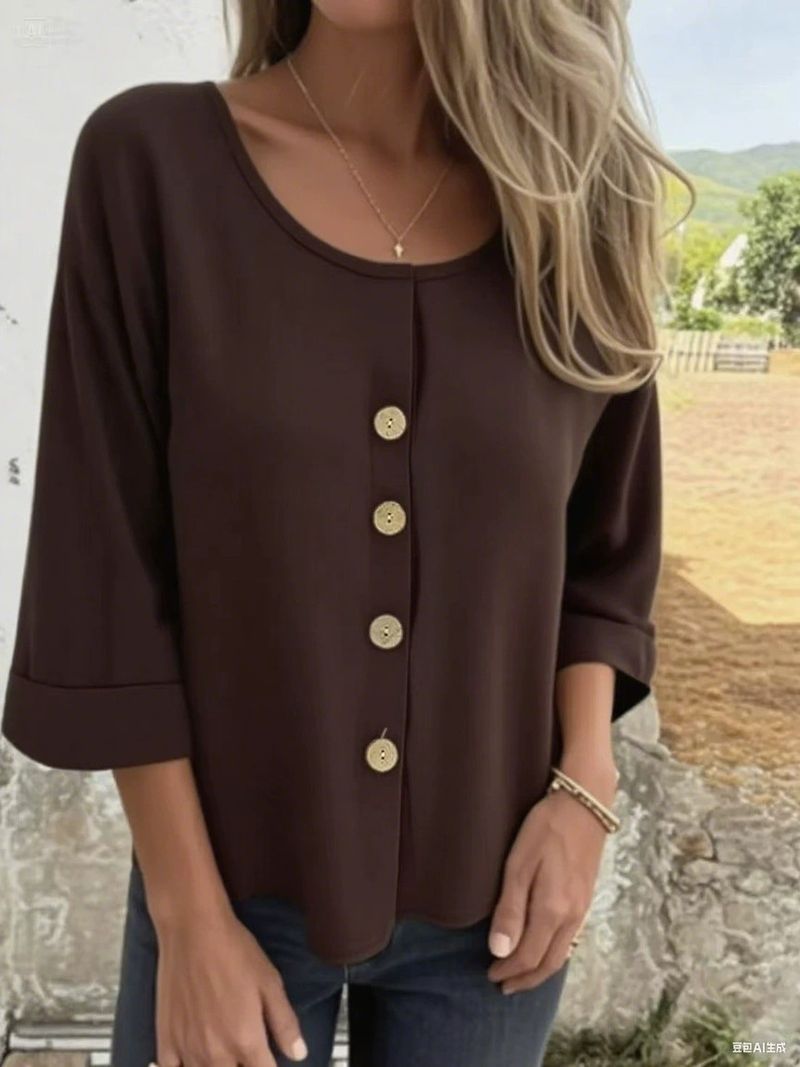 Abbigliamento da donna Elegante camicia in misto lino, manica lunga, girocollo, casual, in tessuto di lino e cotone traspirante, vestibilità comoda con dettagli patchwork_voghion.com