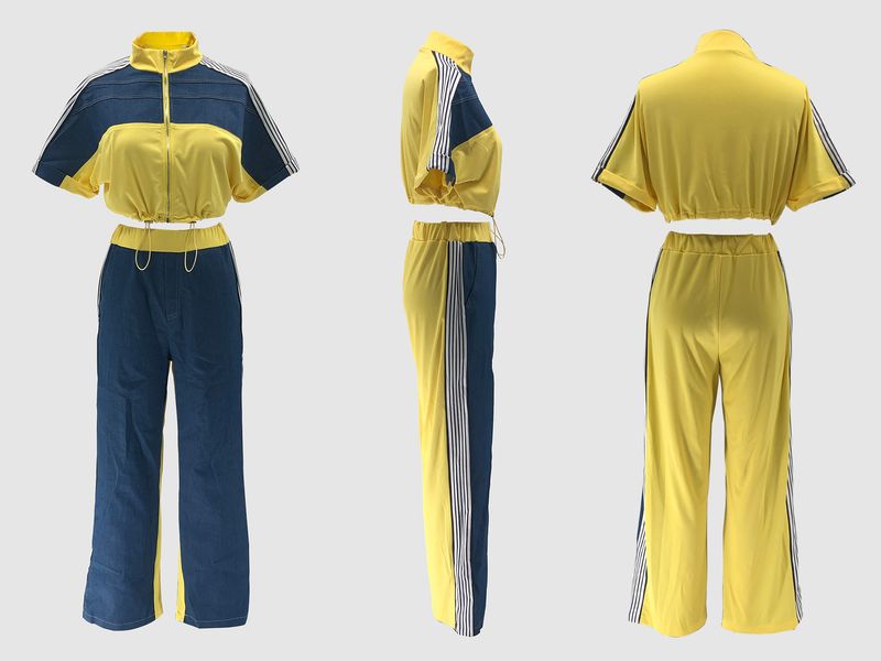 Kadın Giyim Renk Blok Kontrast İki Parça Kadın Spor Giyim Kısa Üst + Geniş Paça Pantolon Takımı_voghion.com