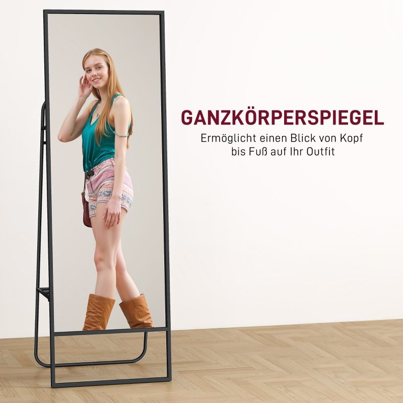 Ganzkörperspiegel Mit Industriellem Design, Hinteres Regal, 2 Haken, Schwarz_voghion.com