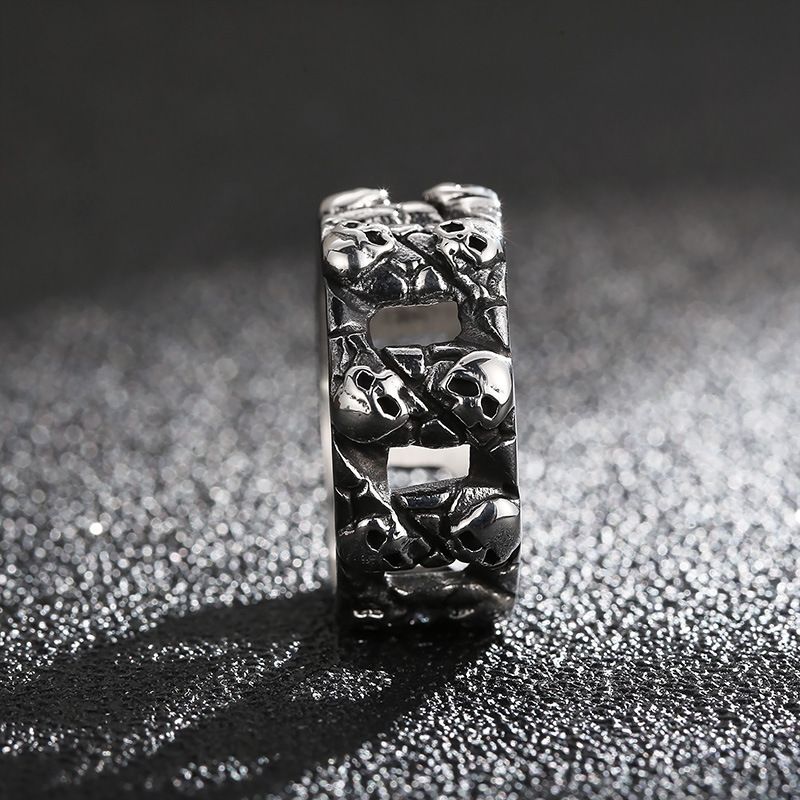 Anello con testa di fantasma, teschio punk, bracciale a catena cubana, set da uomo in acciaio al titanio_voghion.com