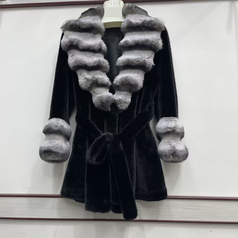 Omen's Samtähnlicher Nerzpelzmantel, mittellang, Umlegekragen, Winterjacke mit luxuriösem Kunstpelzbesatz, Kunstpelzmäntel_voghion.com