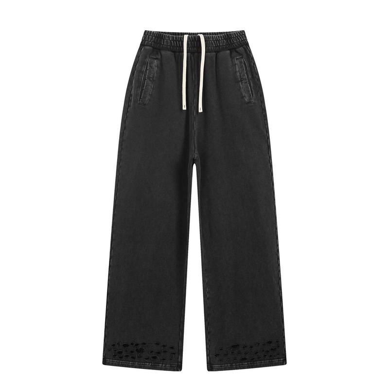Men's Distressed Straight Leg Pants - High Street Fashion Vintage Washed Cotton Trousers With Ripped Details (S-XXL, Black/Gray)_voghion.com