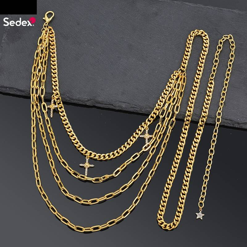 Women's Jewelry Hip Hop Cross Pendant Waist Chain Set - Layered & Single Chain With Crystals, Minimalist Style Waist & Ankle Chain_voghion.com
