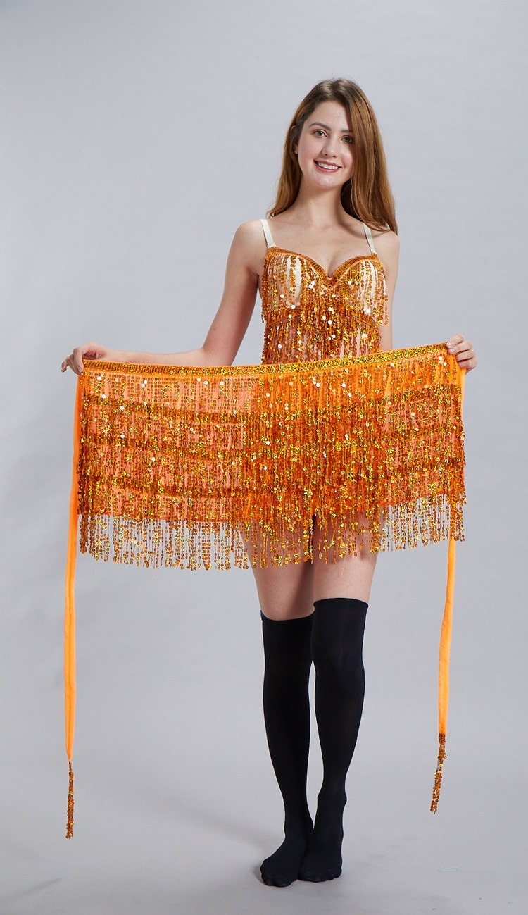 Chaîne de taille pour danse du ventre d'Halloween, serviette de hanche indienne, serviette de hanche à franges à paillettes bohème, costume de scène DS Performance_voghion.com
