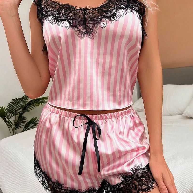 Satin- und Spitzen-Babydoll-Dessous-Set – Sexy rosa gestreiftes Negligé mit String, leichte Polyester-Nachtwäsche für Damen_voghion.com