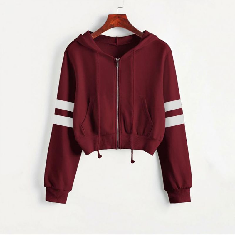 Abbigliamento da donna Felpa con cappuccio a maniche lunghe con cerniera corta e barre parallele in tinta unita_voghion.com