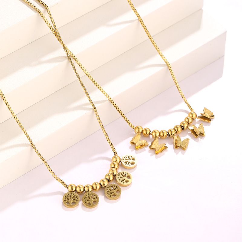 3D vlinder- en levensboomhangerketting - verguld roestvrij staal met kralenketting_voghion.com