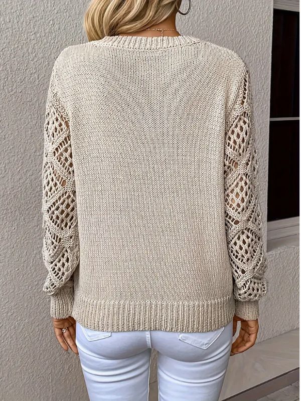 Damenbekleidung Frühling und Herbst Strickpullover Temperament V-Ausschnitt Hohl Langarm Einfarbig Casual Top_voghion.com